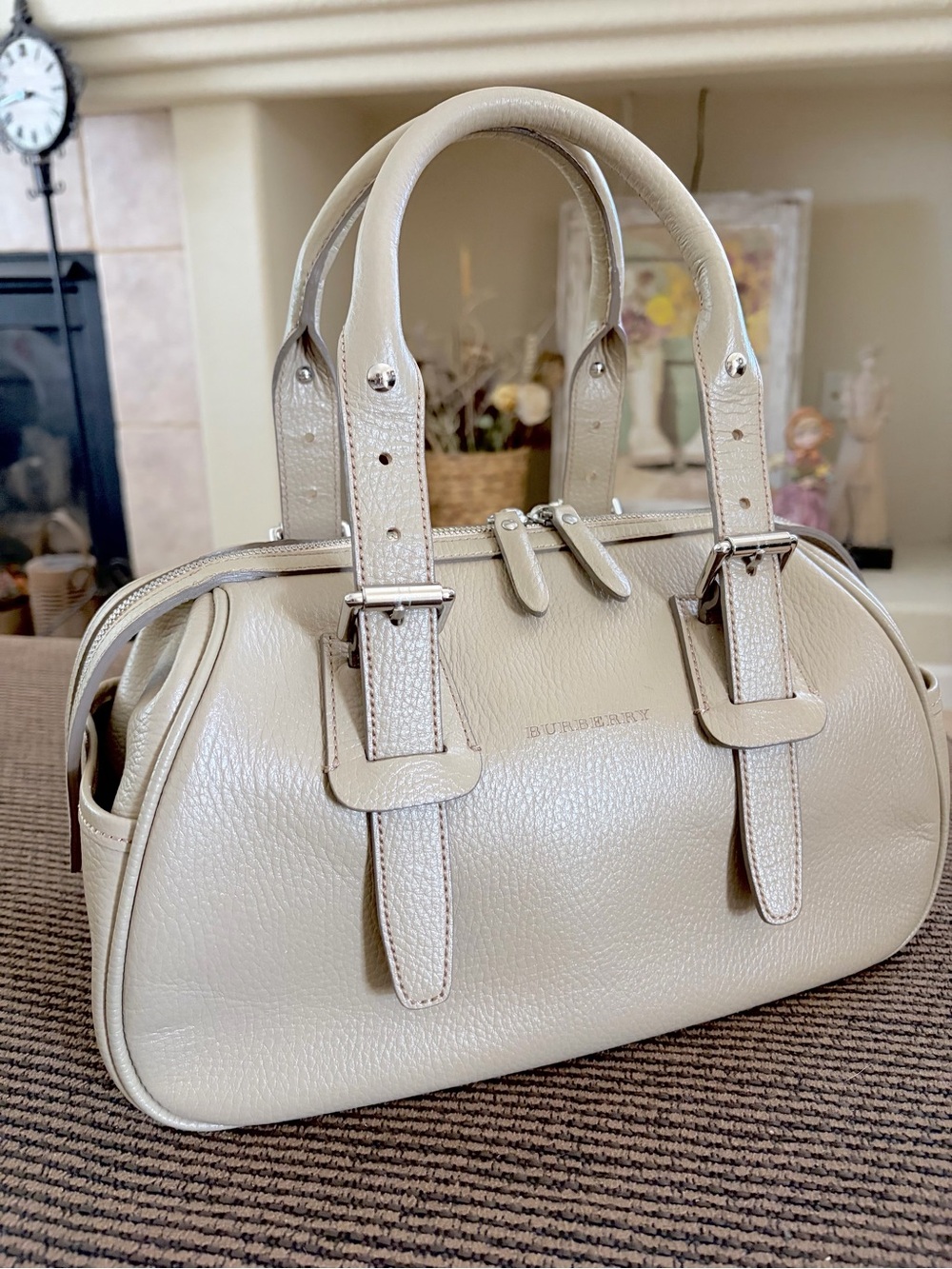 Burberry Belted Boston Bag Leather Medium Beige Satchel